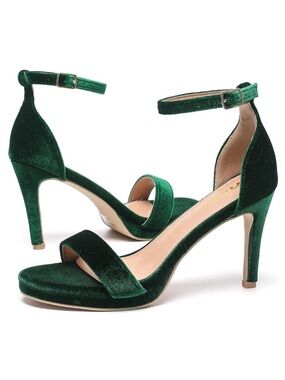 AMOJI Emerald Green Velvet Ankle Strap High Heel Sandals Size 8